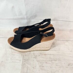 Toms Black Canvas Espadrille Wedge Slingback Sandals Women Size 9